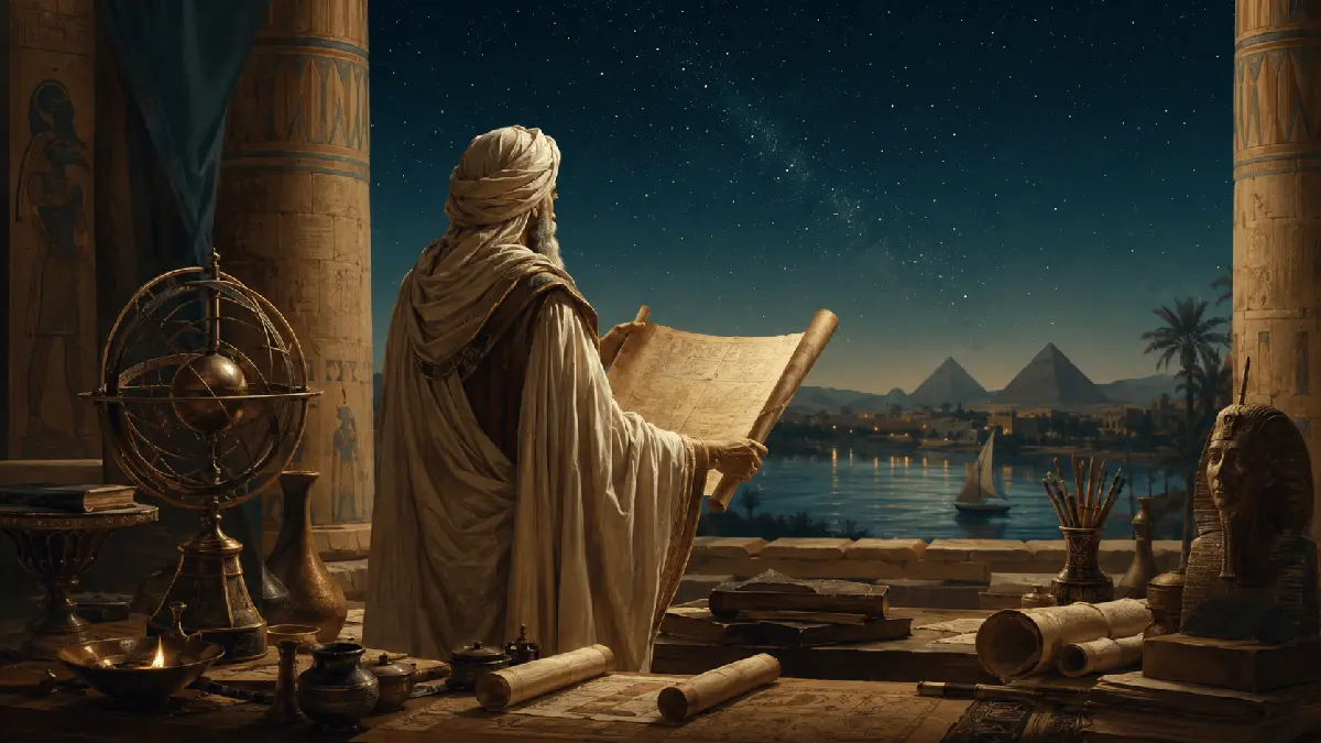 Sábio interpretativo associado a Hermes Trismegisto observa um papiro diante do Nilo e de um céu estrelado, entre objetos de estudo greco-egípcios.