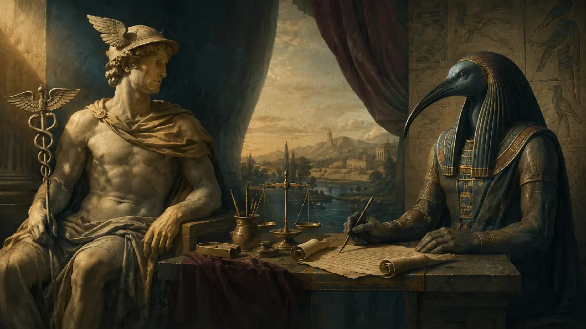 Representações distintas de Hermes grego e Thoth egípcio ladeiam uma mesa de estudo com papiros, balança e instrumentos de escrita.