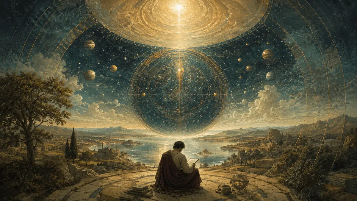 Figura humana lê diante de uma paisagem e de esferas cósmicas organizadas sob uma fonte de luz abstrata.