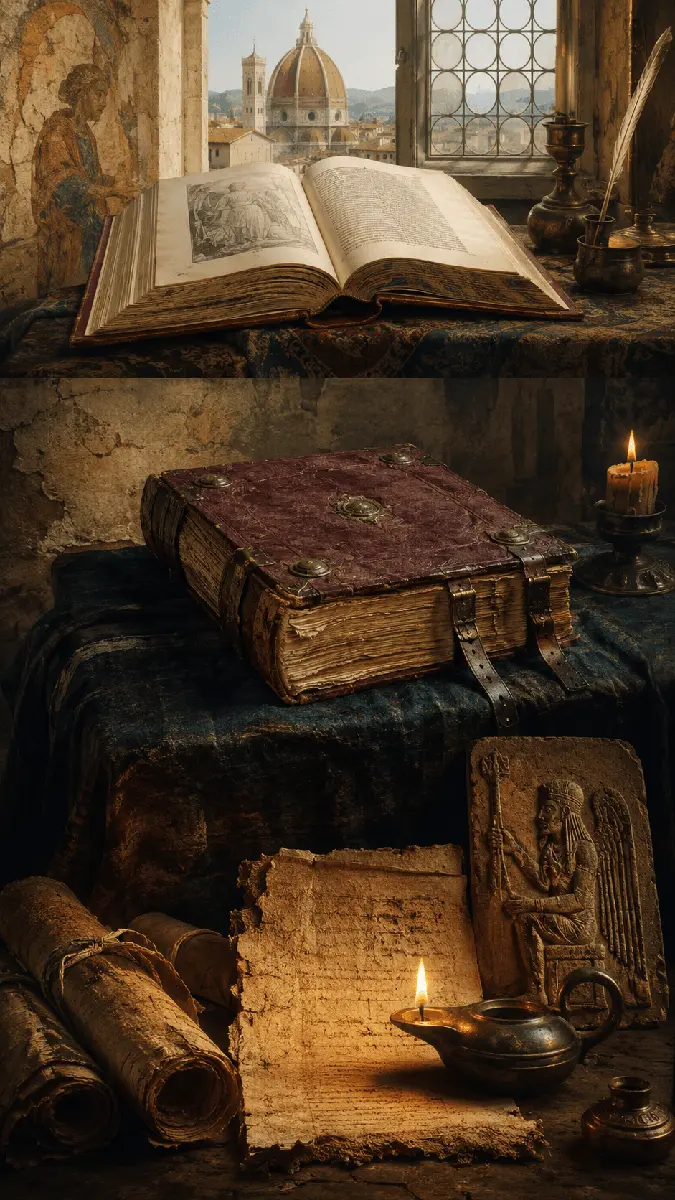 Livros, papiros, manuscritos e uma sala renascentista são organizados verticalmente em uma composição de épocas diferentes.